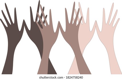 
On a white background palms of different shades.Universal template for announcements messages invitations leaflets and design against racism nazism. The idea of ​​the unity of peoples, races, culture