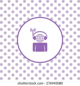 On a white background pink circles. with headphones listening to music, head planet. icon. vector design