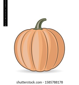 On a white background is a pumpkin that casts a shadow, in vector. In the image at the top left, the black sticker "Happy Thanksgiving".