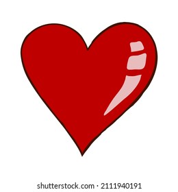 On a white background, a red heart with a highlight and contour in a cartoon style, in vector.