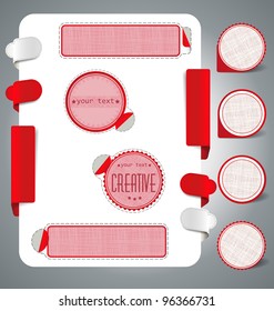 On a white background with red labels with tabs