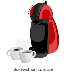 On a white background is a red modern coffee machine, and two white cups of coffee — in one cup black coffee, in the second — coffee with milk  