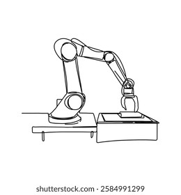 On a white background, the robotic arm is drawn in a minimalist style with a single continuous line. This drawing is a drawing of a mechanical robot in a trendy outline style.