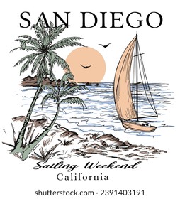 On the white background san diego sailing an beach graphic design