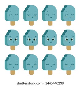 On a white background is a set with ice cream on a stick of blue color, turned to the side (with freckles and without, smiling, sleeping, surprised, with open eyes and closed).