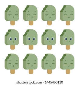 On a white background is a set with ice cream on a stick of green color, turned to the side (with freckles and without, smiling, sleeping, surprised, with open eyes and closed).