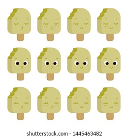On a white background is a set with ice cream on a stick of lime color, turned to the side (with freckles and without, smiling, sleeping, surprised, with open eyes and closed).