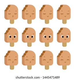 On a white background is a set with ice cream on a stick of peach color, turned to the side (with freckles and without, smiling, sleeping, surprised, with open eyes and closed).