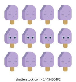 On a white background is a set with ice cream on a stick of purple color, turned to the side (with freckles and without, smiling, sleeping, surprised, with open eyes and closed).