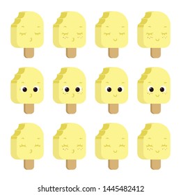 On a white background is a set with ice cream on a stick of yellow  color, turned to the side (with freckles and without, smiling, sleeping, surprised, with open eyes and closed).