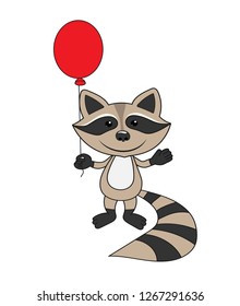 On a white background a small fluffy raccoon with a striped tail is holding a red balloon. Vector image.