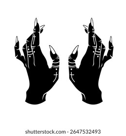 On a white background there is a black silhouette of hands performing a mystical gesture