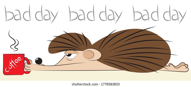 on a white background, a tired and sleepy hedgehog lies on his stomach and holds in an outstretched paw a red mug with hot coffee, bad day, vector illustration