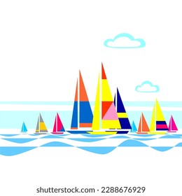 on a white background, turquoise waves and multi-colored yachts on the water