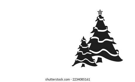 On a white background, two black spruces are depicted on top with a star and decorated with ribbons, in vector.