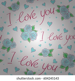 On a white background for valentine day. Valentines day background. It is vector seamless pattern hearts, love text in magenta and blue colors.