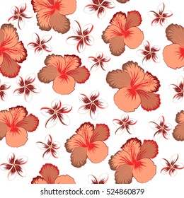 On white background. Vector hand drawn painting of hibiscus flowers in orange, red and brown colors.