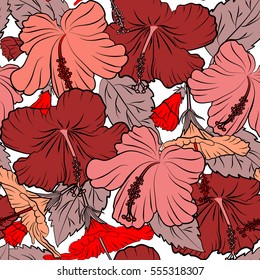 On white background. Vector hand drawn painting of hibiscus flowers in orange, red and pink colors.