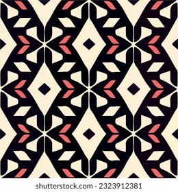 On white background, vibrant black and red pattern takes center stage, influenced by both art deco and tribal art, evoking sense of artistic expression and cultural symbolism.