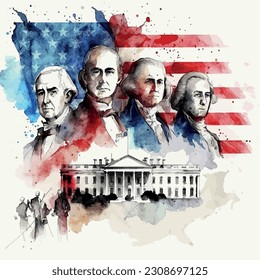 on a white background, a watercolor drawing of an American soldier, American figures who signed the declaration of independence and eagles on the background of flag. . Vector illustration