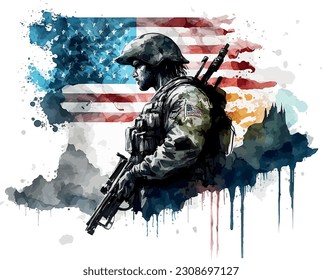 on a white background, a watercolor drawing of an American soldier, American figures who signed the declaration of independence and eagles on the background of flag. . Vector illustration