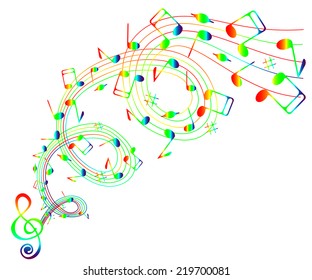On a white background wave of iridescent notes and treble clef .