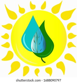 On the white background is a yellow sun, water drop and a leaf from tree which are giving energy and growth to the wildlife. Nature. Vector graphics.