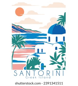 auf weißem Hintergrund, buntes Meer und Santorini-Design