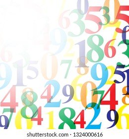 On a white isolated background in a different order are the numbers of different shapes and colors, at the top left - copy space