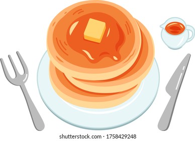 On the white plate is a round and cute three-layered pancake with syrup and butter.