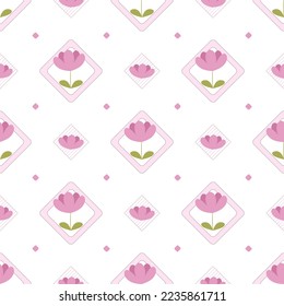 On a white tone background, beautiful flowers were arranged in a diagonal square frame. The surrounding area is also decorated with small flower frames. It makes a seamless pattern that look beautiful