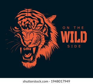 On the wild side illustration for t-shirt or any other print with lettering and tiger head.