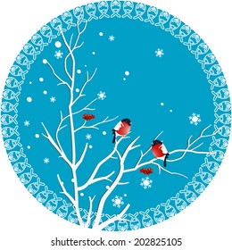 On winter illustration shows rowan branch with berries on which sit bullfinches. Illustration executed in a decorative round frame on separate layers.