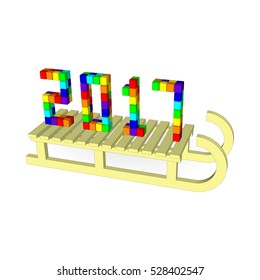 On the wooden Sleigh in 2017  Happy  New Year. Side view. Vector illustration 
