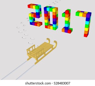 On the wooden Sleigh in 2017  Happy  New Year.  Vector illustration 