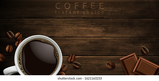 On a wooden table are coffee grains, pieces of chocolate and a white cup with coffee. High detailed realistic illustration