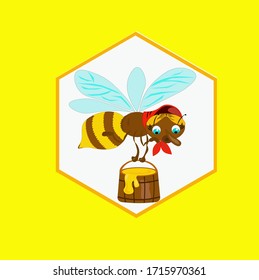 On the yellow backgrond is a honeycomb in which is a bee whith a full bucket of honey. Food and drinks. Nature. Vector graphics. Isolated illustration.