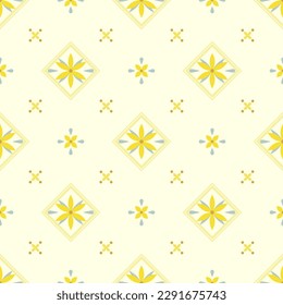 On a yellow background, beautiful yellow flowers were arranged in a diagonal square frame. The surrounding area is also decorated with small flower. It makes a seamless pattern that look charming.