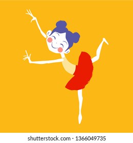 on a yellow background a girl ballerina in a red tutu performs a fouette