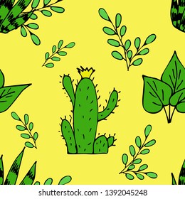 On a yellow background mexican cacti seamless pattern .Flat style. Suitable for invitations, business cards, banner, cards.