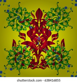 On yellow background with red and green elements and doodles. Traditional orient ornament. Classic vector red and green pattern. Classic vintage background.