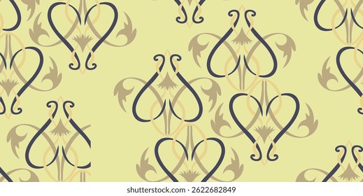 On a yellow background, there are stylized plants of purple and light brown tones, reminiscent of Old Russian painting.