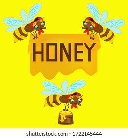 On the yellow background there are three bees with the poster. Nature. Food and drinks. Vector graphics. Textures and backrounds.