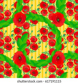 On a yellow backgroundVC seamless background pattern with tropical leaves and flowers on a yellow background.