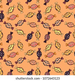 On yellow, black, orange, beige and brown colors. Candy vector doodle. Seamless pattern with watercolor sweets candies.