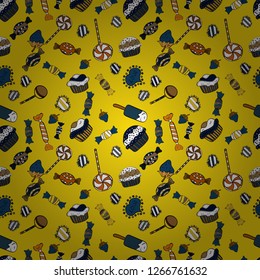 On yellow, blue and white colors. Trendy vector background. Colorful seamless pattern with candy abstract geometric style.