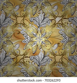 On yellow and brown background. Golden textured curls. Vector golden. Golden elements in oriental style arabesques.