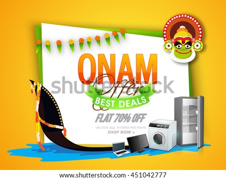 Onam Best Deals Offer with Flat 70% Off, Creative vector illustration of different electronic appliances, snake boat and kathakali dancer face, Can be used as Poster, Banner or Flyer design.