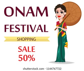 Onam celebration. Indian woman in traditional clothes holding umbrella. Happy Onam festival in Kerala. Vector illustration for sale on white background