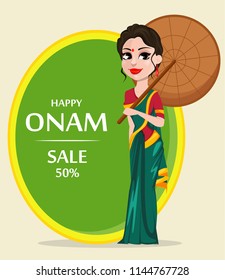 Onam celebration. Indian woman in traditional clothes holding umbrella. Happy Onam festival in Kerala. Vector illustration for sale